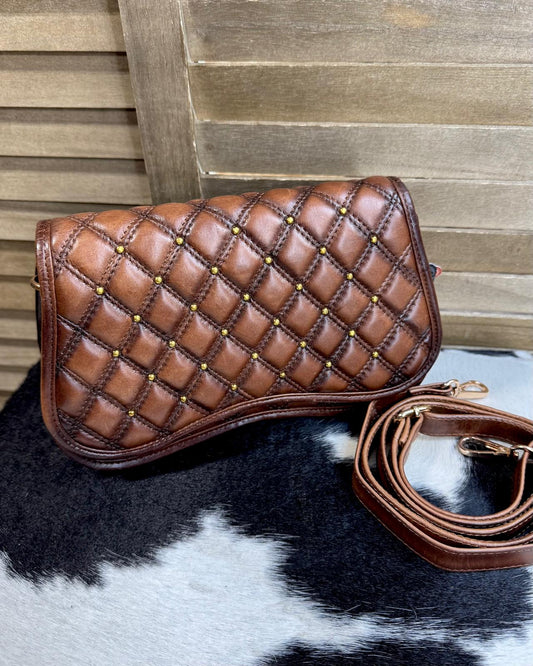 Quilted Brown Studded Crossbody