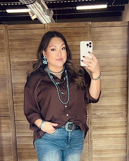 Chocolate Satin High Low Button Up