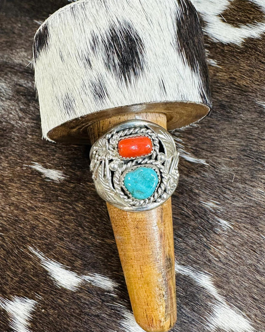 Turquoise & Coral 2 Stone Ring *Native Sz 12