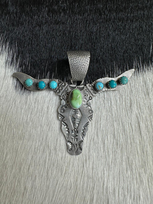 Leroy James Sterling Longhorn Multi Turquoise Pendant *Native