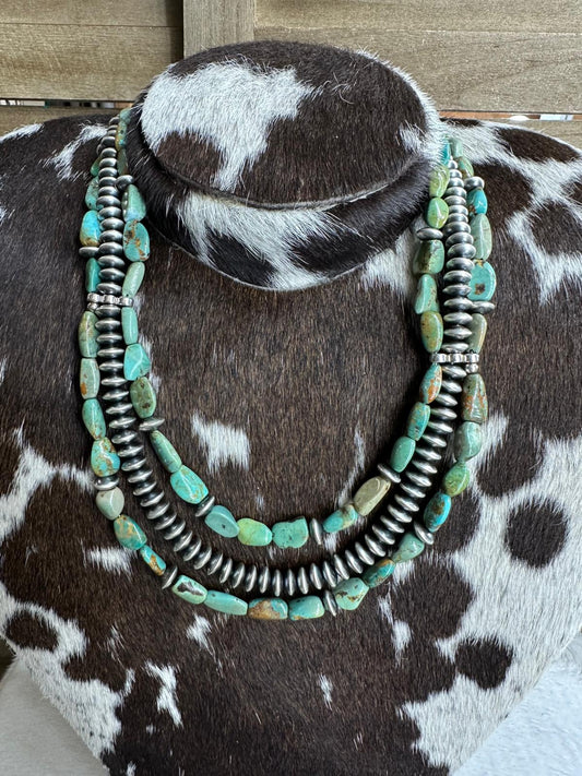 3 Strand Navajo Pearl & Natural Turquoise Nugget Statement Necklace