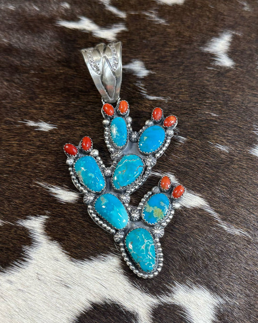 Richard Yazza Turquoise Coral Cactus Pendant