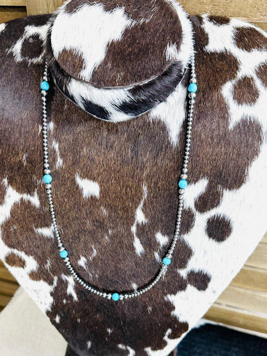 24” 3-6mm Sterling Pearl w/ Turquoise Necklace