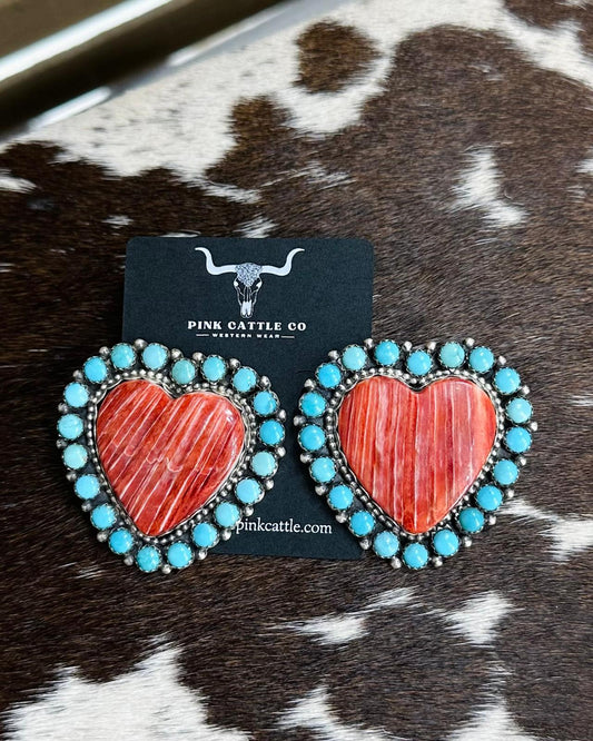 Turquoise & Spiny Oyster Heart Earrings *Native