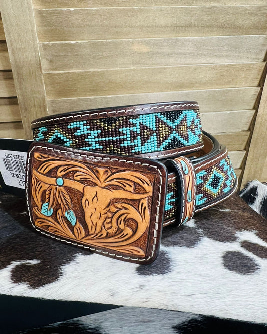 Longhorn Tooled Beaded Belt