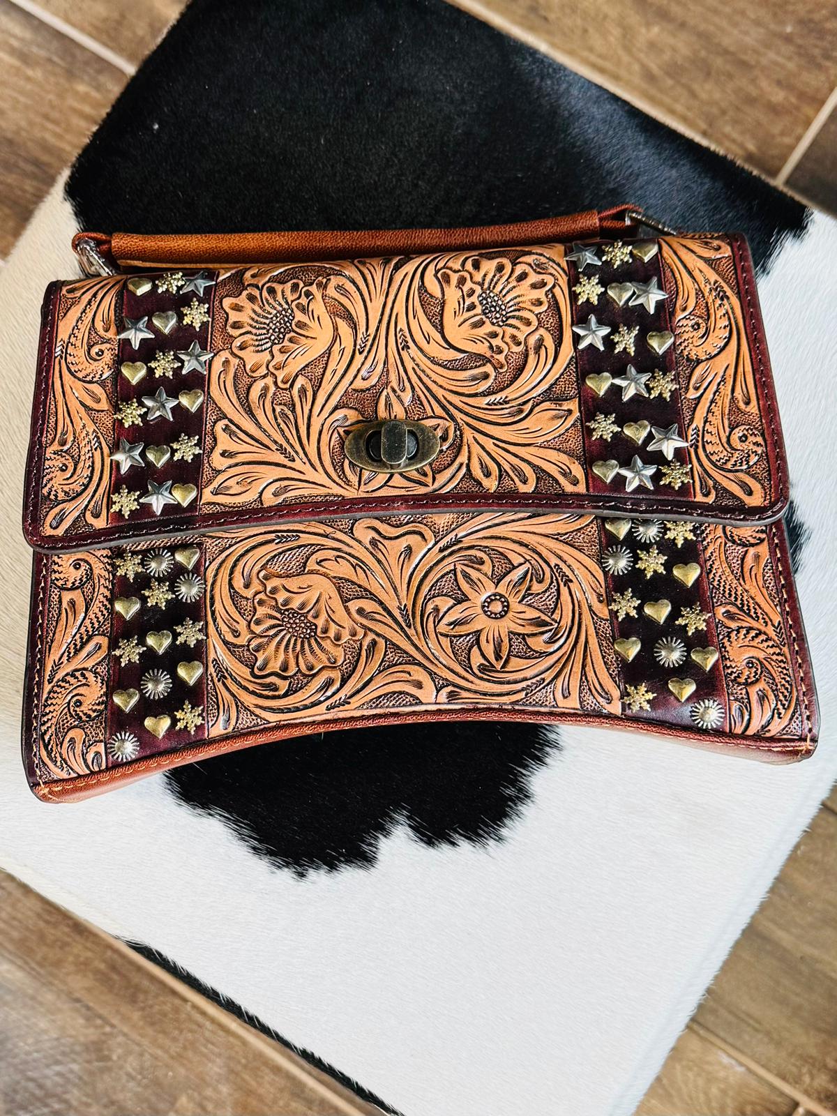 Hand Held Tooled Studded Bag