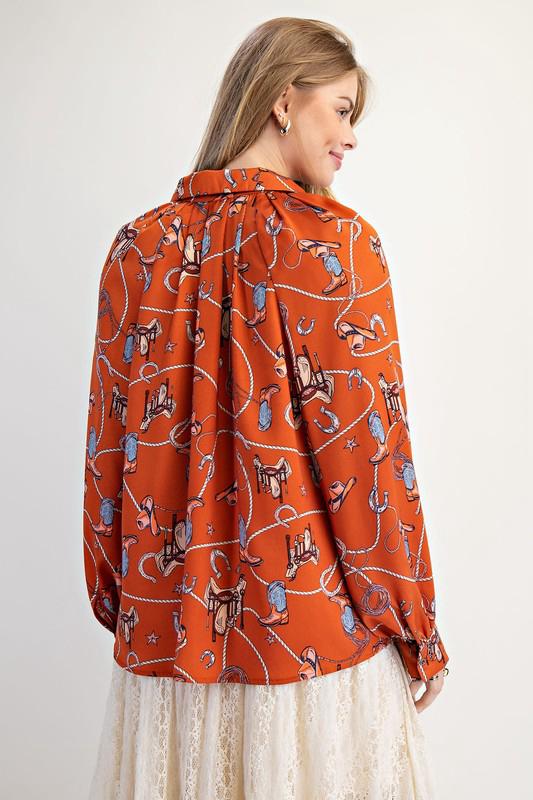 Cowgirl Up Rust Satin Button Up