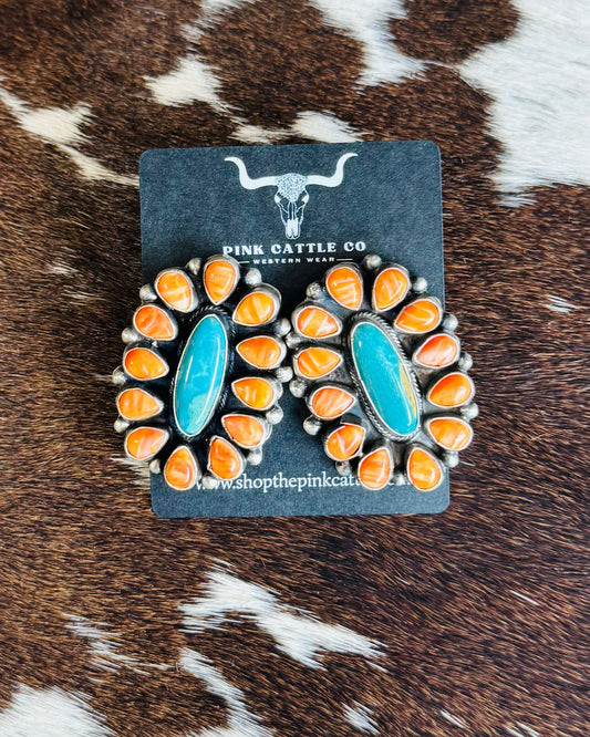 Orange Spiny & Kingman Oval Cluster Earring *Native