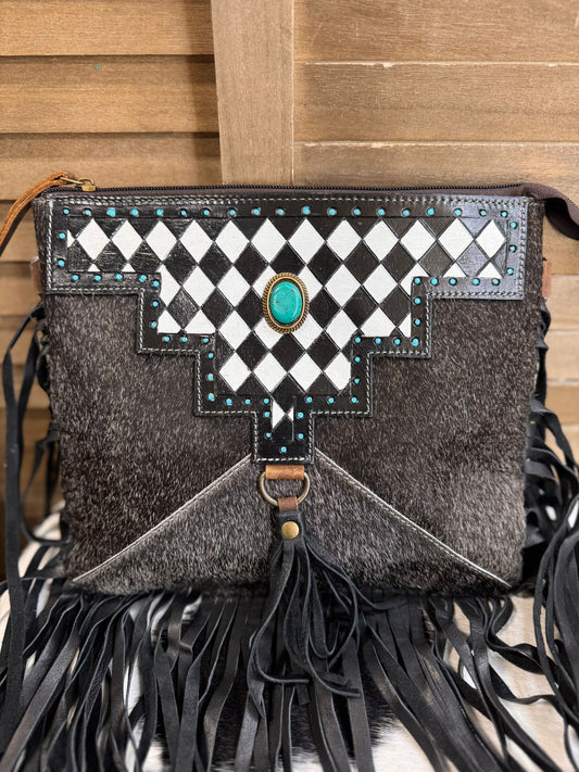 Checkered Cowhide Turquoise Stone Crossbody