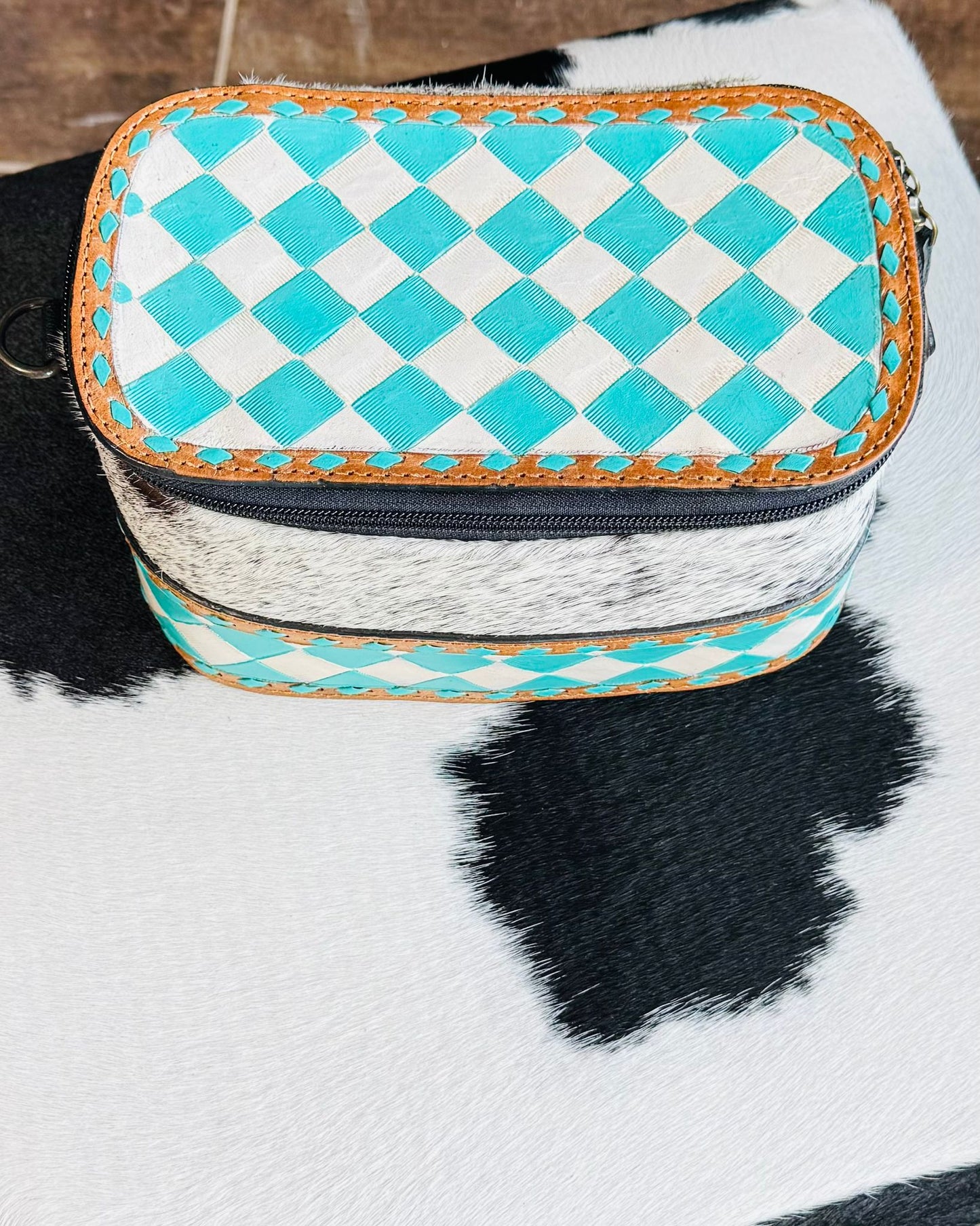 Turquoise Checkered Cowhide Case