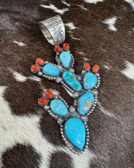 Richard Yazza Turquoise Coral Cactus Pendant