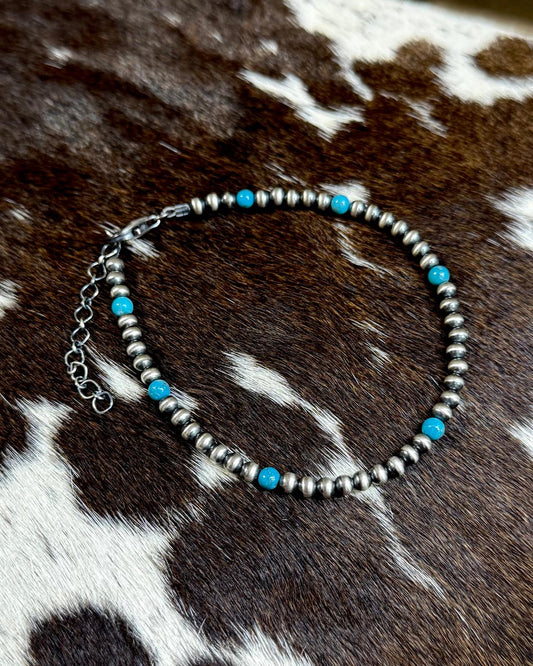 Turquoise Sterling Pearl Anklet *8”+2” ext.