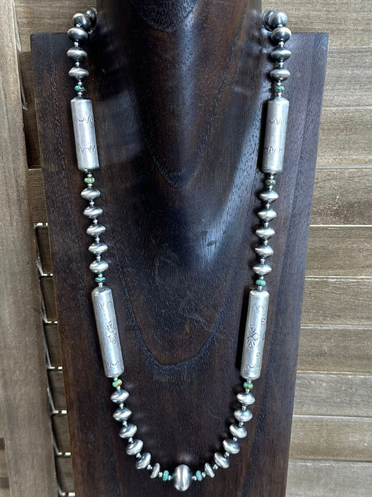 28" Sharon Cooley Long Barrel & Saucer Turquoise Bead Necklace