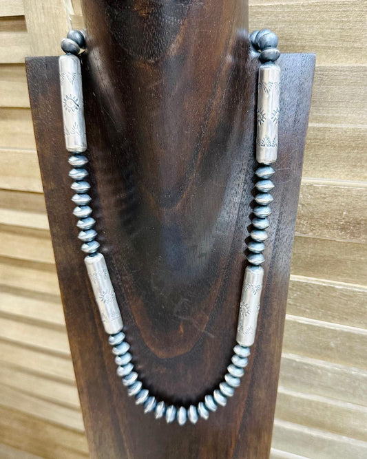 28" Sharon Cooley Silver Barrel & Saucer Bead Necklace