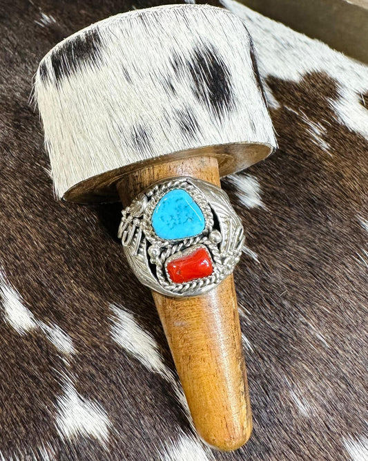 Turquoise & Coral 2 Stone Ring *Native Sz 11