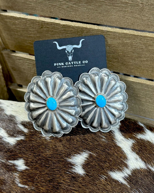 Joshua Christian Sterling Silver 2” Turquoise Concho Studs *Native