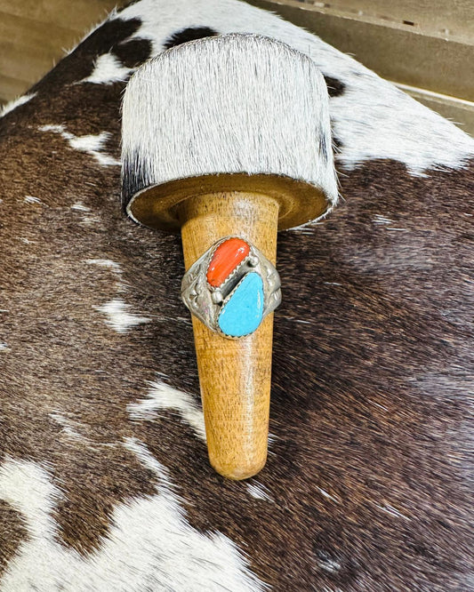 Turquoise & Coral 2 Stone Ring *Native