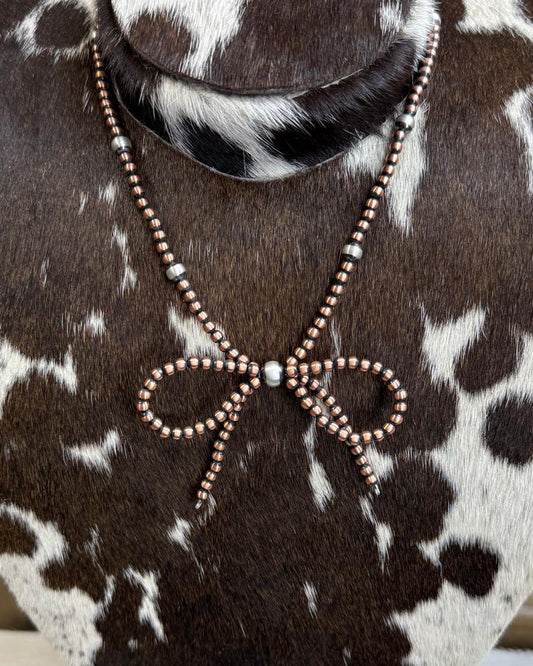 18" Copper & Silver Bow Pearl Necklace