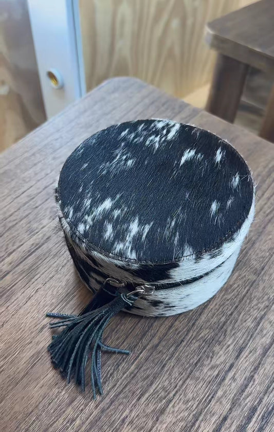 Round Cowhide Jewelry Box *Hide varies