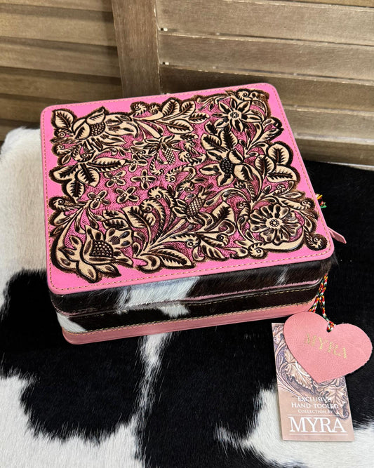 Myra Cowhide Pink Tooled Jewelry Box