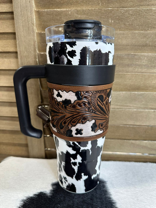 Black & White Cowprint Tooled Tumbler