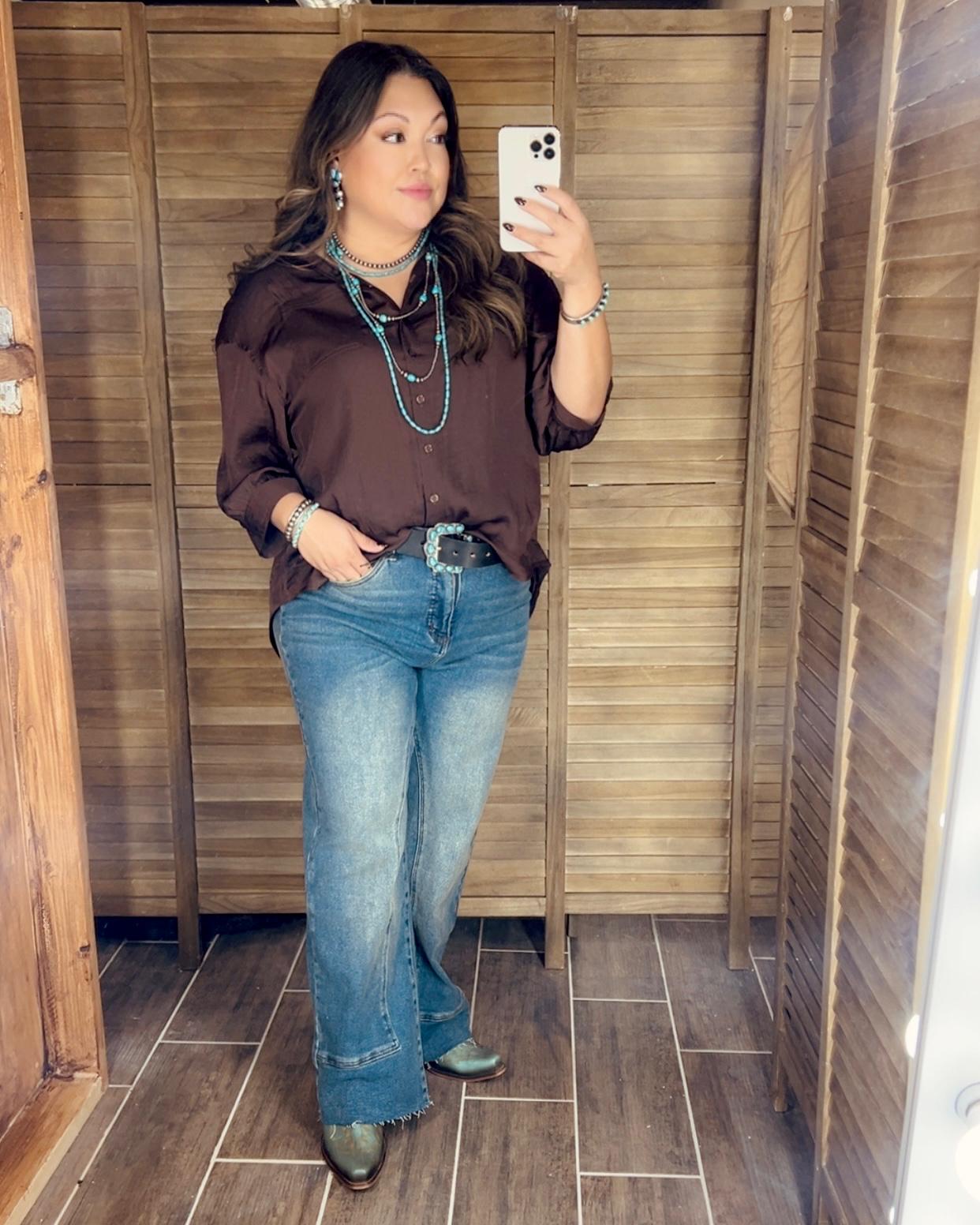 Chocolate Satin High Low Button Up