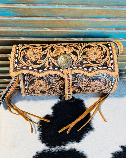 Tooled Fringe Barrel Crossbody