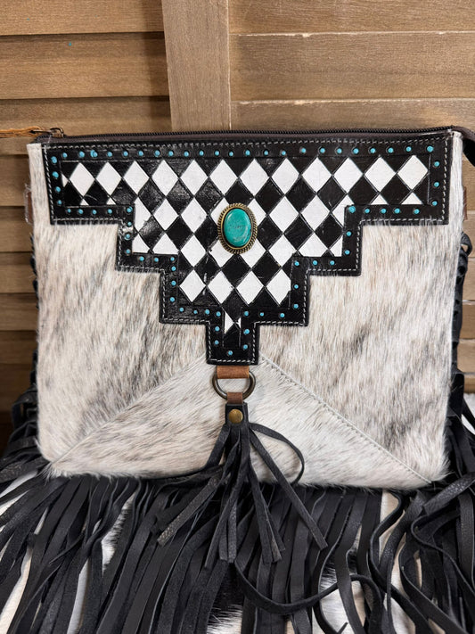 Checkered Cowhide Turquoise Stone Crossbody