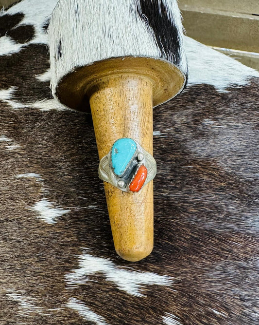 Turquoise & Coral 2 Stone Ring *Native