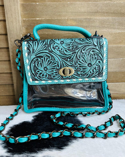 Clear Turquoise Tooled Crossbody