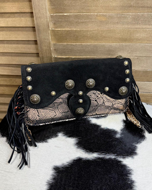 Concho Black & Metallic Snake Fringe Crossbody