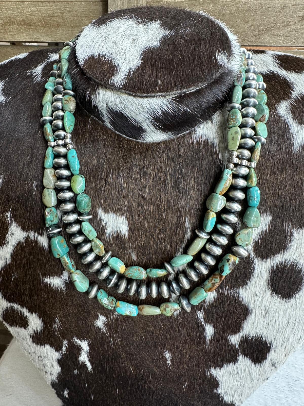 3 Strand Navajo Pearl & Natural Turquoise Nugget Statement Necklace