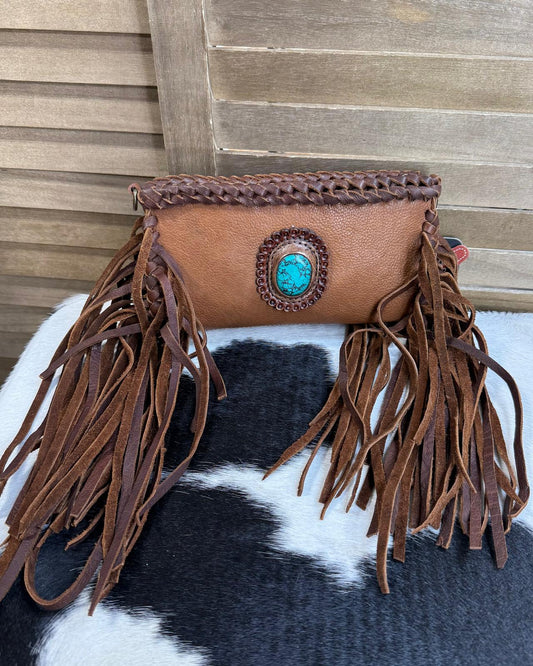 Mini AD Brown Stone Fringe Crossbody